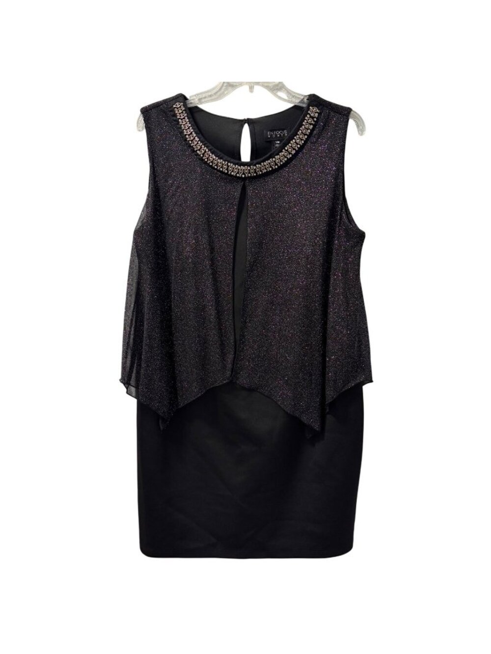 Enfocus Womens 14W Black Beaded Neck Sleeveless Shimmer Overlay Sheath Dress